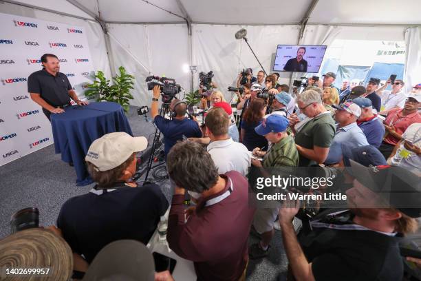 Phil Mickelson of the United States speaks to the media during a press conference prior to the 2022 U.S. Open at The Country Club on June 13, 2022 in...