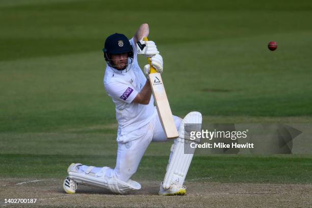 Liam Dawson of Hampshire hits out during the LV= Insurance County Championship match between Hampshire and Yorkshire at Ageas Bowl on June 13, 2022...