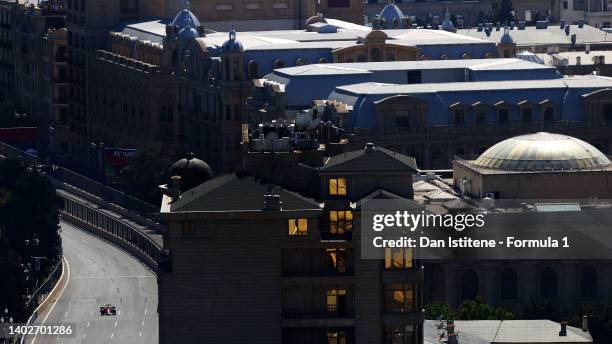 Charles Leclerc of Monaco driving the Ferrari F1-75 on track during final practice ahead of the F1 Grand Prix of Azerbaijan at Baku City Circuit on...