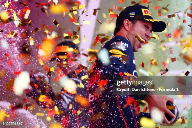 Race winner Max Verstappen of the Netherlands and Oracle Red Bull Racing and Second placed Sergio Perez of Mexico and Oracle Red Bull Racing...