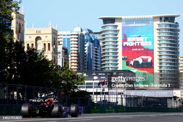 Max Verstappen of the Netherlands driving the Oracle Red Bull Racing RB18 on track during the F1 Grand Prix of Azerbaijan at Baku City Circuit on...