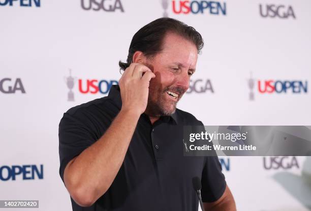 Phil Mickelson of the United States speaks to the media during a press conference prior to the 2022 U.S. Open at The Country Club on June 13, 2022 in...