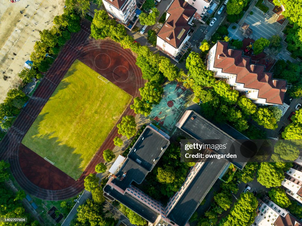 Aerial view of a football field from above.