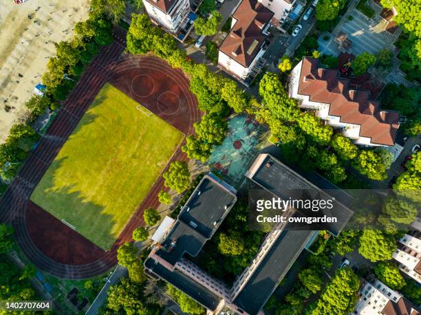 aerial view of a football field from above. - elevated view of corner stock pictures, royalty-free photos & images