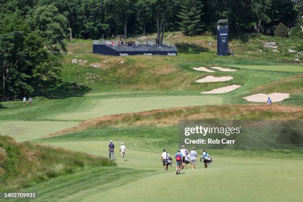 General view is seen as golfers walk to the tenth green during a practice round prior to the 2022 U.S. Open at The Country Club on June 13, 2022 in...