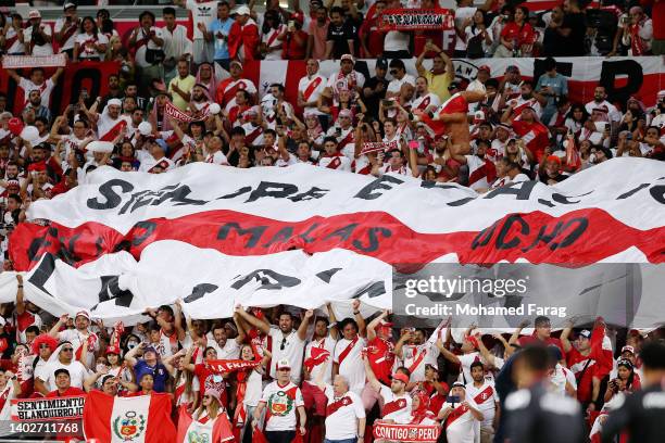 Peru fans show their support inside the stadium prior to the 2022 FIFA World Cup Playoff match between Australia Socceroos and Peru at Ahmad Bin Ali...