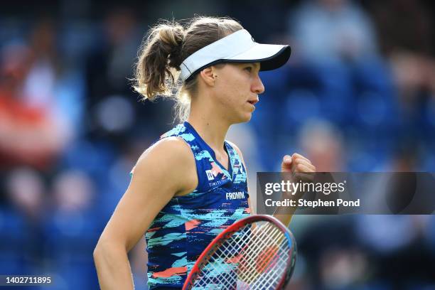 Viktorija Golubic of Switzerland celebrates in their Women's Singles First Round match against Caroline Garcia of France during Day Three of the...