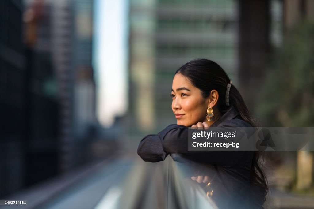 Portrait of beautiful businesswoman in city