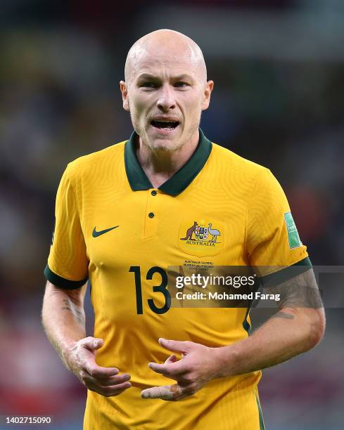 Aaron Mooy of Australia reacts during the 2022 FIFA World Cup Playoff match between Australia Socceroos and Peru at Ahmad Bin Ali Stadium on June 13,...