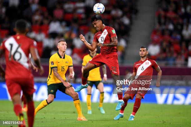 Renato Tapia of Peru competes in the 2022 FIFA World Cup Playoff match between Australia Socceroos and Peru at Ahmad Bin Ali Stadium on June 13, 2022...
