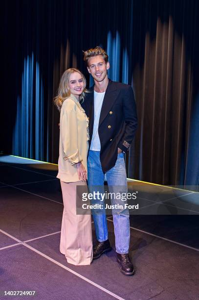 Olivia De Jonge and Austin Butler pose for a photo during the SiriusXM Town Hall event with the cast of "Elvis" at Soundstage at Graceland on June...