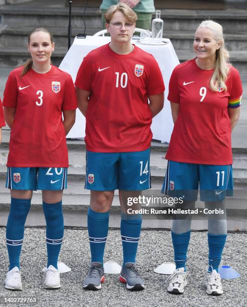 Princess Alexandra, Prince Sverre Magnus and Crown Princess Mette-Marit play a friendly football match against Vivil IL at Skaugum Arena on June 13,...