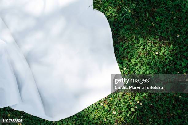 background with a white blanket on the grass. picnic. empty space for design. mockup for food and drinks. - レジャーシート ストックフォトと画像