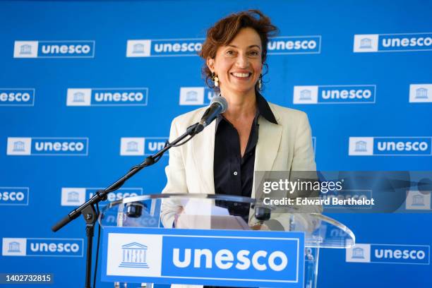 Audrey Azoulay is seen, during Xueli Abbing's appointment Unesco Goodwill Ambassador In Paris at UNESCO on June 13, 2022 in Paris, France.