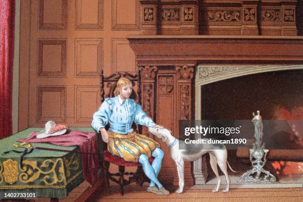 young elizabethan gentleman sat by the fire with his dog, 16th century baronial residence - 16th century stock illustrations