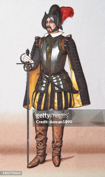 french soldier, officer, sword, armour, thigh high boots, military costumes of 17th century, history - 17th century stock illustrations