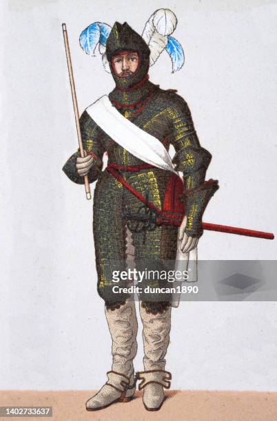 french soldier, cavalry general in armour, military costumes of 16th and 17th century, history - 17th century stock illustrations