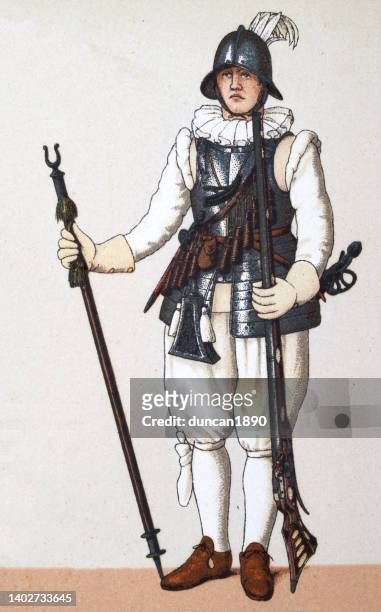stockillustraties, clipart, cartoons en iconen met french soldier, arquebusier, military costumes of 16th and 17th century, history - 17th century style