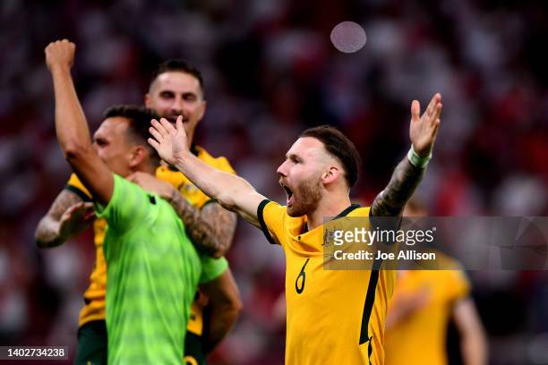Martin Boyle of Australia celebrates after defeating Peru in the 2022 FIFA World Cup Playoff match between Australia Socceroos and Peru at Ahmad Bin...