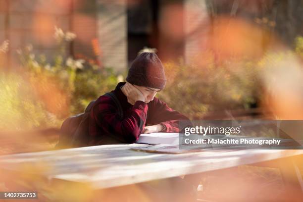 young student sitting outside reading textbook - mental health awareness month stock pictures, royalty-free photos & images