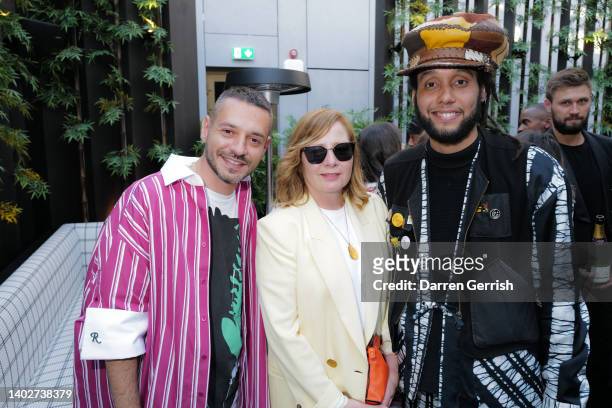 Sarah Mower, Nicholas Daley and guest attend the BFC/GQ Designer Fashion Fund 2022 at 8 The Londoner on June 13, 2022 in London, England.