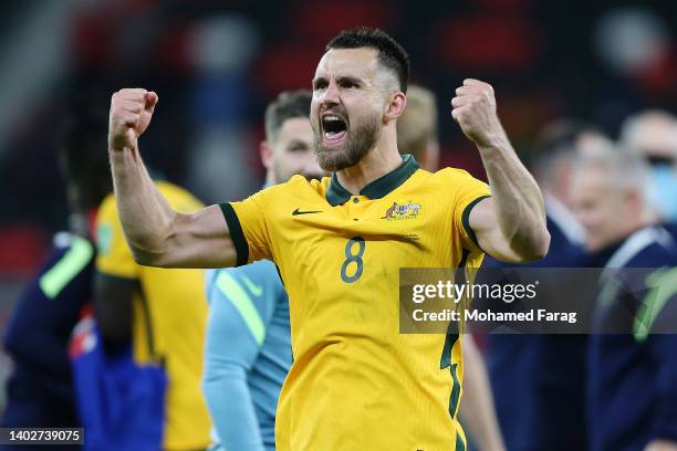 Bailey Wright of Australia celebrates their sides victory after a penalty shoot out following the 2022 FIFA World Cup Playoff match between Australia...