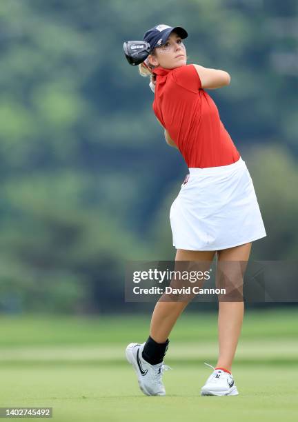 Rachel Heck of The United States Team plays her tee sho on the 14th hole in her match against Lauren Walsh during the singles matches on day three of...
