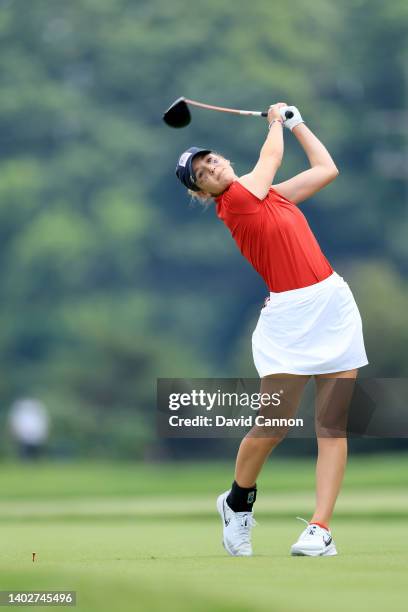 Rachel Heck of The United States Team plays her tee sho on the 14th hole in her match against Lauren Walsh during the singles matches on day three of...