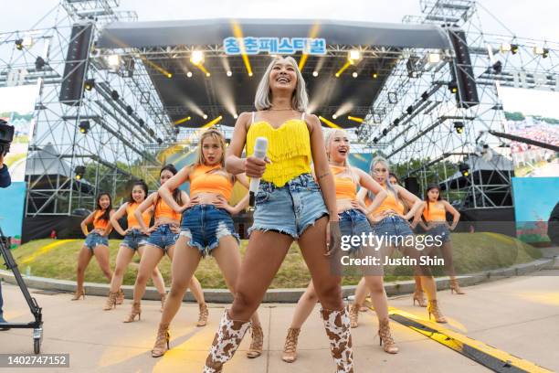 Hyolyn performs on stage with her dancersduring 2022 Bluespring Festival on June 10, 2022 in Seoul, South Korea.