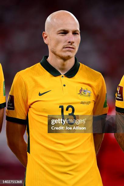 Aaron Mooy of Australia looks on ahead of the 2022 FIFA World Cup Playoff match between Australia Socceroos and Peru at Ahmad Bin Ali Stadium on June...