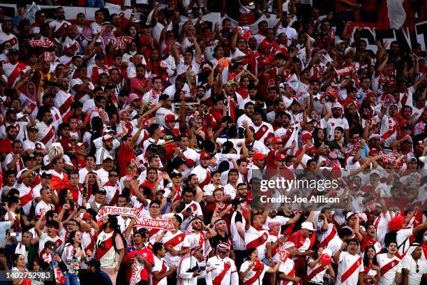 Peru fans watch on during the 2022 FIFA World Cup Playoff match between Australia Socceroos and Peru at Ahmad Bin Ali Stadium on June 13, 2022 in...