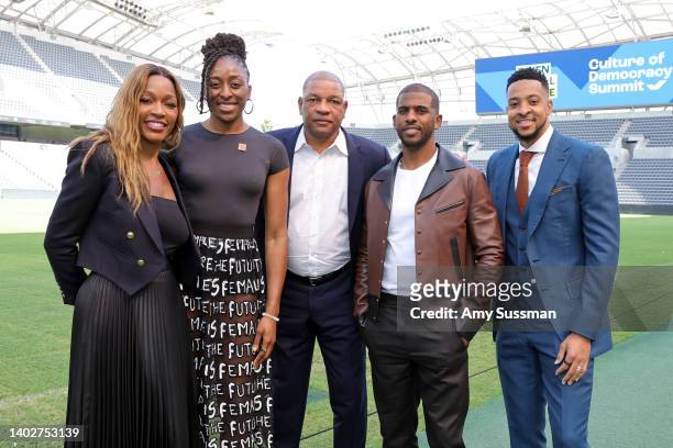 Cari Champion, Nneka Ogwumike, Doc Rivers, Chris Paul, and CJ McCollum attend When We All Vote Inaugural Culture Of Democracy Summit on June 13, 2022...