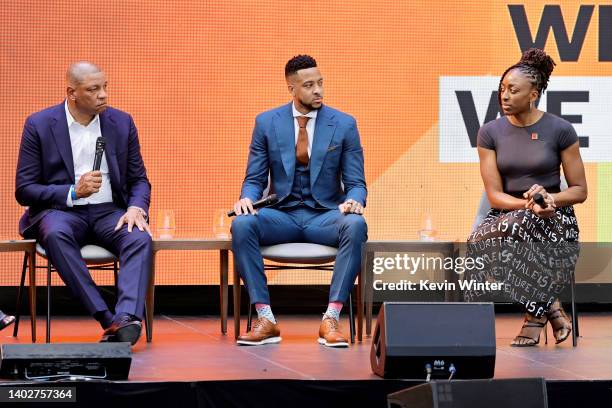 Head Coach of the Philadelphia 76ers Doc Rivers, NBA New Orleans Pelicans player CJ McCollum, and WNBA LA Sparks player Nneka Ogwumike speak onstage...