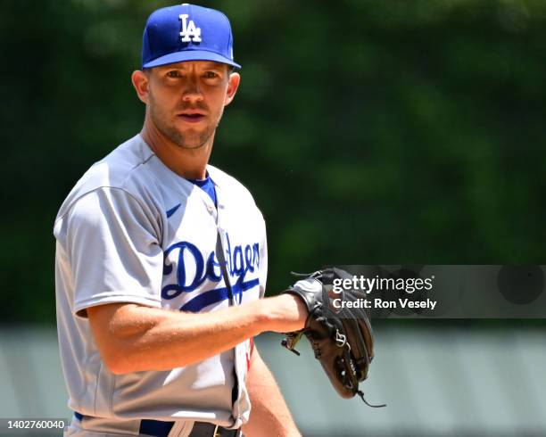 Tyler Anderson of the Los Angeles Dodgers looks on against the Chicago White Sox on June 9, 2022 at Guaranteed Rate Field in Chicago, Illinois.