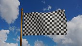 Racing flag waving 3D Render with flagpole and blue sky, Formula One finish flag textile, auto race track or auto racing on Formula 1, FIA World Endurance Championship and WTCC