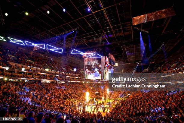 General view as Otto Porter Jr. #32 of the Golden State Warriors walks out during team introductions prior to Game Five of the 2022 NBA Finals...