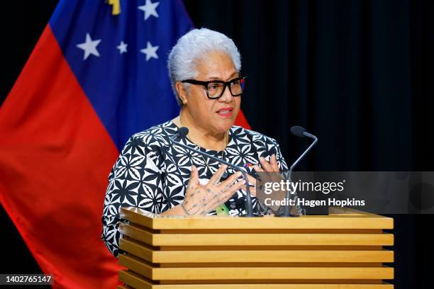 Prime Minister of Samoa Fiame Naomi Mata'afa speaks during a press conference at Parliament on June 14, 2022 in Wellington, New Zealand. Prime...