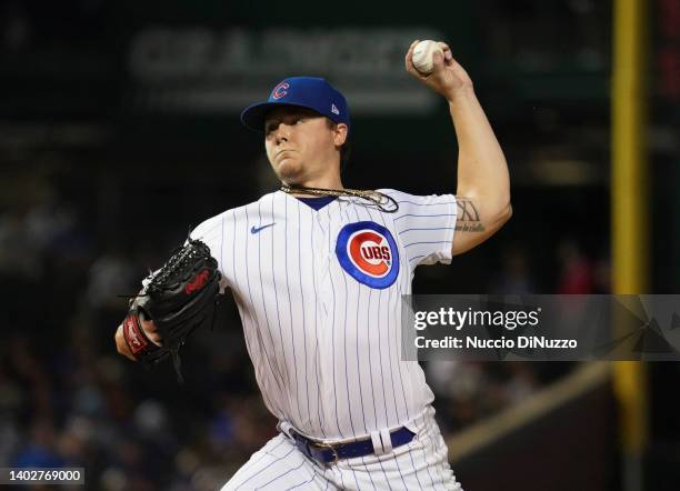 Justin Steele of the Chicago Cubs throws a pitch during the first inning of a game against the San Diego Padres at Wrigley Field on June 13, 2022 in...