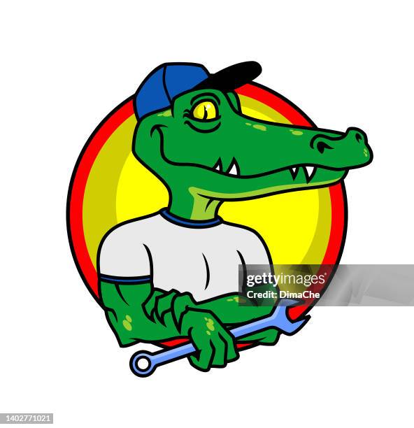 alligator-mechanik-charakter-maskottchen - autowerkstatt gegenlicht stock-grafiken, -clipart, -cartoons und -symbole