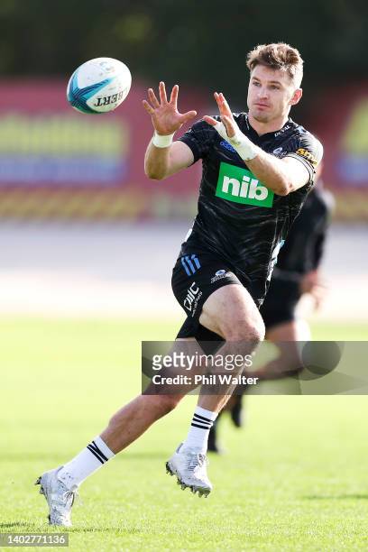 Beauden Barrett of the Blues in action during a Blues Super Rugby Pacific training session at Auckland Blues HQ on June 14, 2022 in Auckland, New...