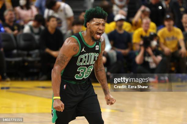 Marcus Smart of the Boston Celtics celebrates a play during the third quarter against the Golden State Warriors in Game Five of the 2022 NBA Finals...