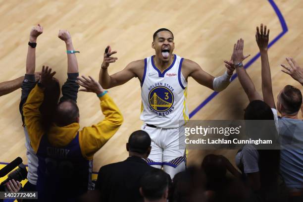 Jordan Poole of the Golden State Warriors celebrates a three point basket during the third quarter against the Boston Celtics in Game Five of the...