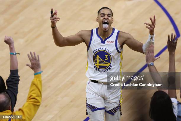 Jordan Poole of the Golden State Warriors celebrates a three point basket during the third quarter against the Boston Celtics in Game Five of the...