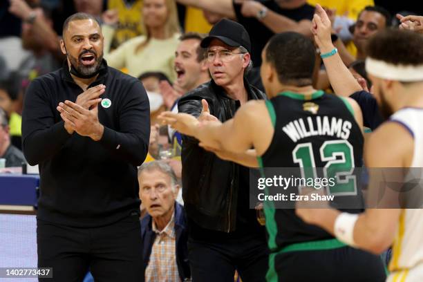 Head coach Ime Udoka of the Boston Celtics reacts to a foul call on Grant Williams during the third quarter against the Golden State Warriors in Game...