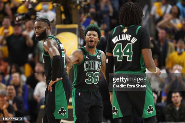Marcus Smart of the Boston Celtics reacts after getting a technical foul during the fourth quarter against the Golden State Warriors in Game Five of...