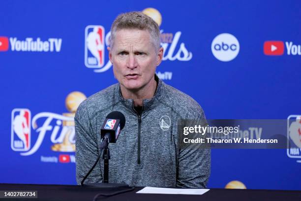 Head coach Steve Kerr of the Golden State Warriors talks with media during a press conference after the 104-94 win against the Boston Celtics in Game...