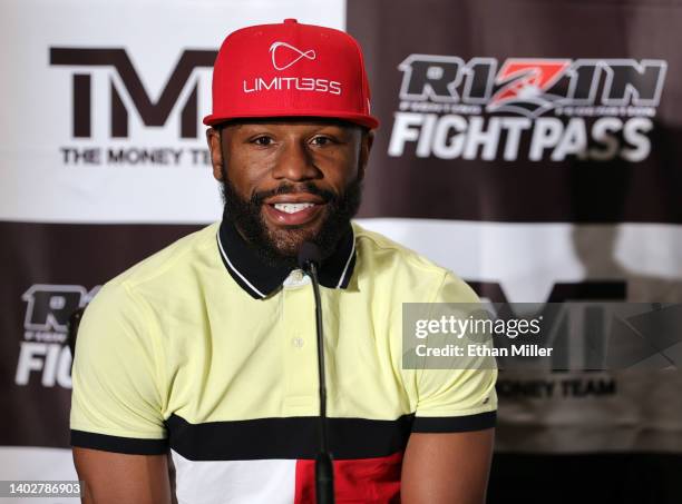 Boxer Floyd Mayweather Jr. Speaks during a news conference announcing an exhibition boxing bout against mixed martial artist Mikuru Asakura at The M...