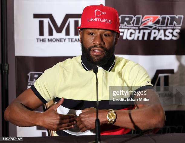 Boxer Floyd Mayweather Jr. Speaks during a news conference announcing an exhibition boxing bout against mixed martial artist Mikuru Asakura at The M...