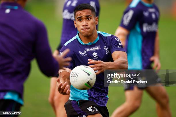 Sualauvi Fa'alogo of the Storm in action during a Melbourne Storm NRL training session at Gosch's Paddock on June 14, 2022 in Melbourne, Australia.