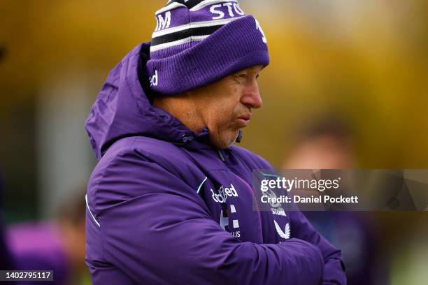 Storm head coach Craig Bellamy looks on during a Melbourne Storm NRL training session at Gosch's Paddock on June 14, 2022 in Melbourne, Australia.